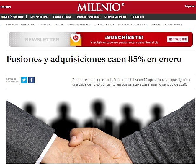 Fusiones y adquisiciones caen 85% en enero